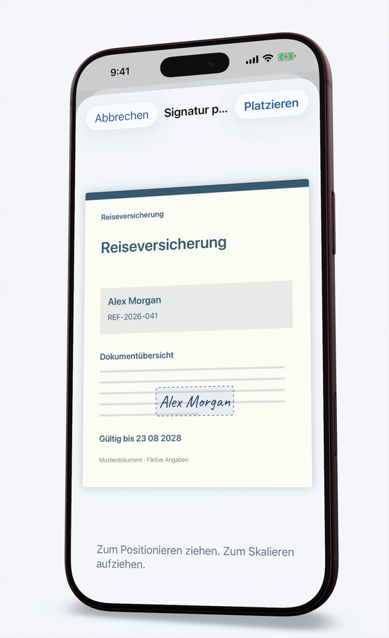 Eine Unterschrift wird auf einer Dokumentseite platziert