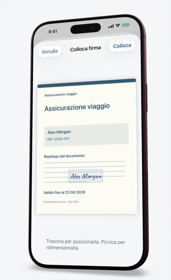 Una firma viene posizionata sulla pagina di un documento